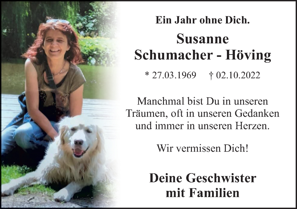  Traueranzeige für Susanne Schumacher-Höving vom 02.10.2023 aus Neue Osnabrücker Zeitung GmbH & Co. KG