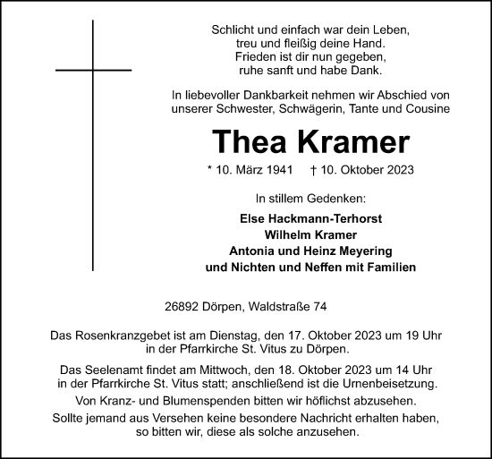 Traueranzeige von Thea Kramer von Neue Osnabrücker Zeitung GmbH & Co. KG