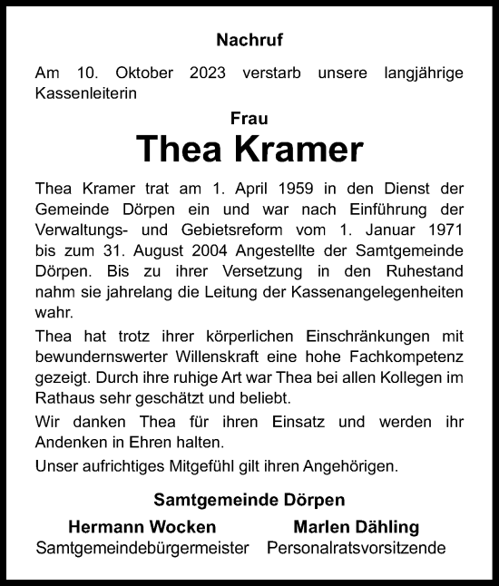 Traueranzeige von Thea Kramer von Neue Osnabrücker Zeitung GmbH & Co. KG