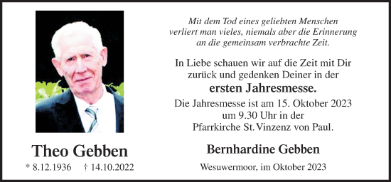 Traueranzeige von Theo Gebben von Neue Osnabrücker Zeitung GmbH & Co. KG