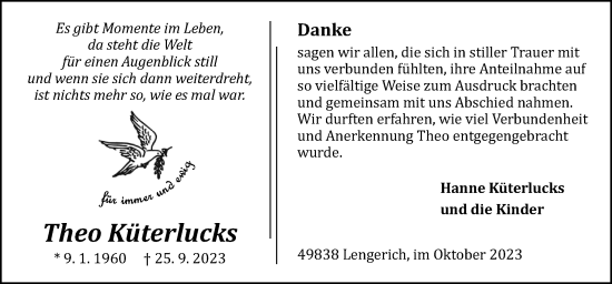 Traueranzeige von Theo Küterlucks von Neue Osnabrücker Zeitung GmbH & Co. KG