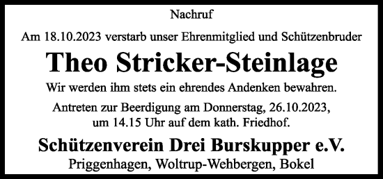 Traueranzeige von Theo Stricker-Steinlage von Neue Osnabrücker Zeitung GmbH & Co. KG