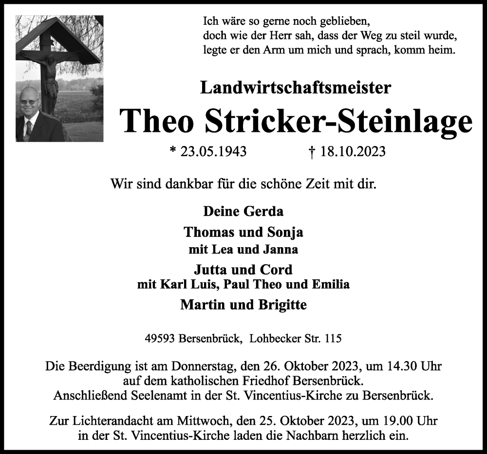  Traueranzeige für Theo Stricker-Steinlage vom 21.10.2023 aus Neue Osnabrücker Zeitung GmbH & Co. KG