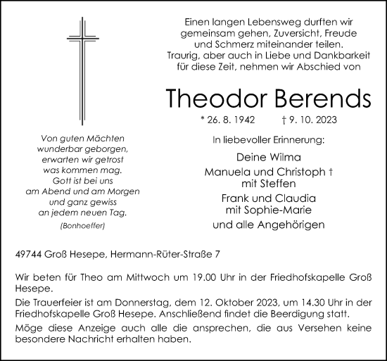 Traueranzeige von Theodor Berends von Neue Osnabrücker Zeitung GmbH & Co. KG