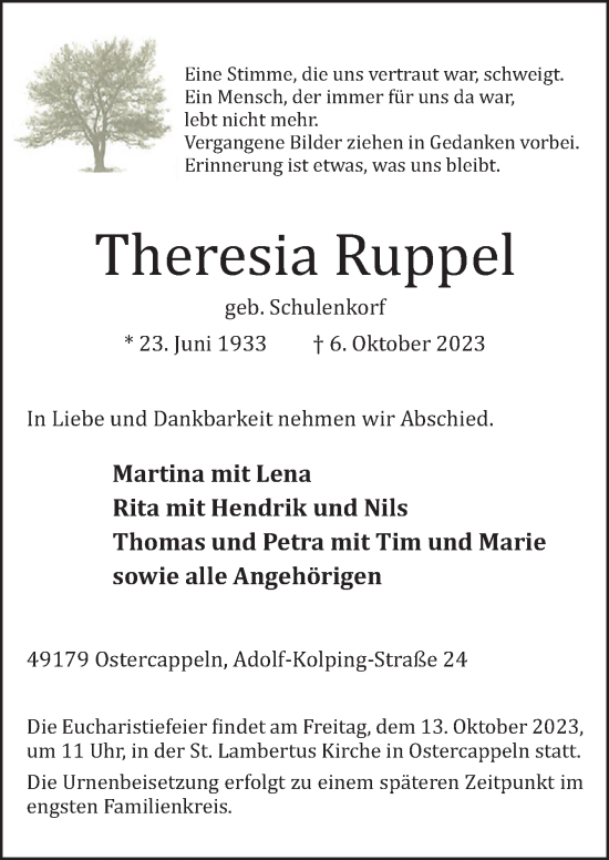 Traueranzeige von Theresia Ruppel von Neue Osnabrücker Zeitung GmbH & Co. KG