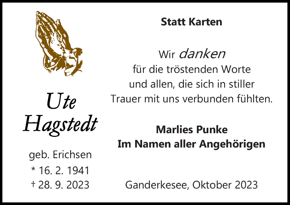  Traueranzeige für Ute Hagstedt vom 21.10.2023 aus DK Medien GmbH & Co. KG