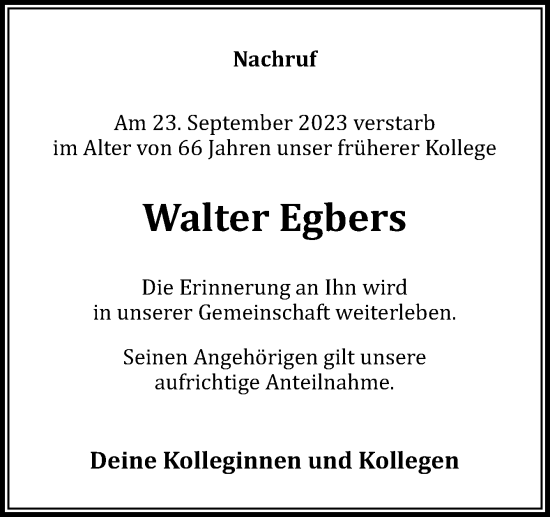 Traueranzeige von Walter Egbers von Neue Osnabrücker Zeitung GmbH & Co. KG