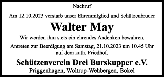 Traueranzeige von Walter May von Neue Osnabrücker Zeitung GmbH & Co. KG