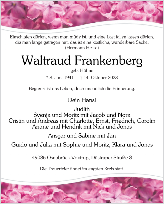 Traueranzeige von Waltraud Frankenberg von Neue Osnabrücker Zeitung GmbH & Co. KG