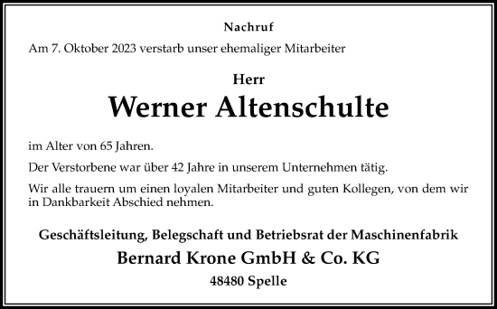 Traueranzeige von Werner Altenschulte von Neue Osnabrücker Zeitung GmbH & Co. KG