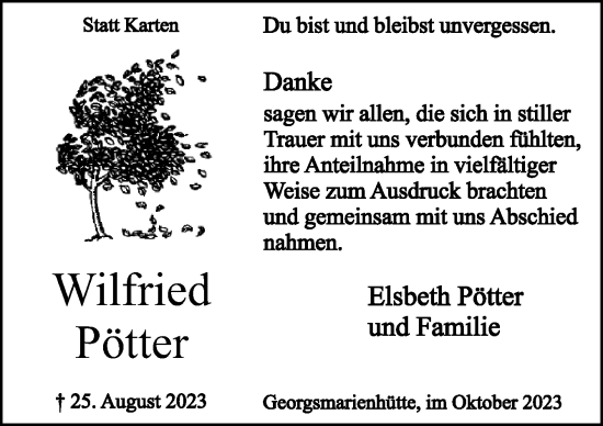 Traueranzeige von Wilfried Pötter von Neue Osnabrücker Zeitung GmbH & Co. KG