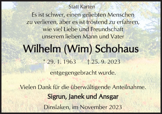 Traueranzeige von Wilhelm Schohaus von Neue Osnabrücker Zeitung GmbH & Co. KG