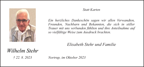 Traueranzeige von Wilhelm Stehr von Neue Osnabrücker Zeitung GmbH & Co. KG