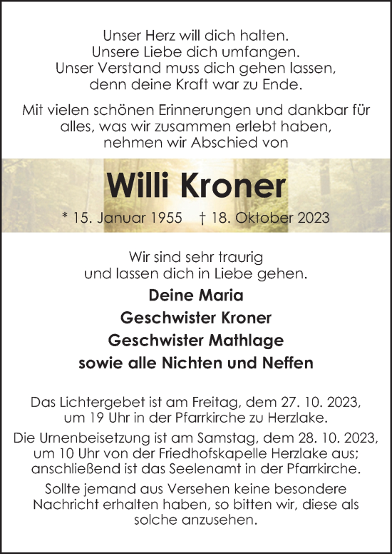 Traueranzeige von Willi Kroner von Neue Osnabrücker Zeitung GmbH & Co. KG