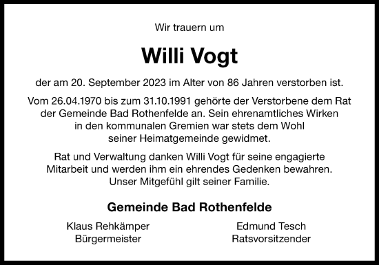 Traueranzeige von Willi Vogt von Neue Osnabrücker Zeitung GmbH & Co. KG