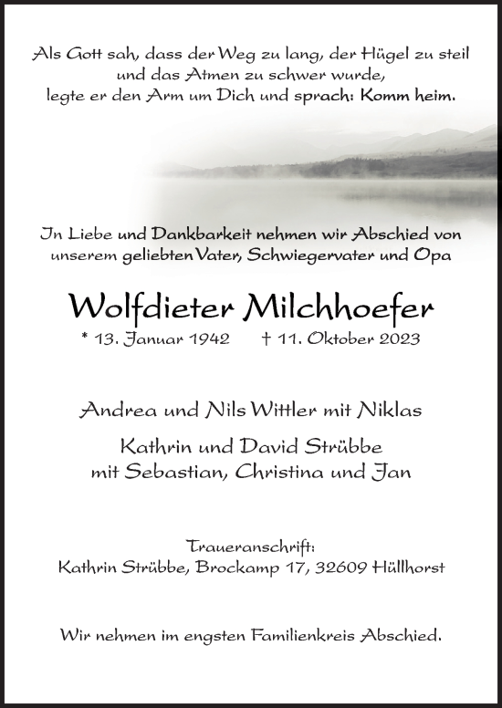 Traueranzeige von Wolfdieter Milchhoefer von Neue Osnabrücker Zeitung GmbH & Co. KG