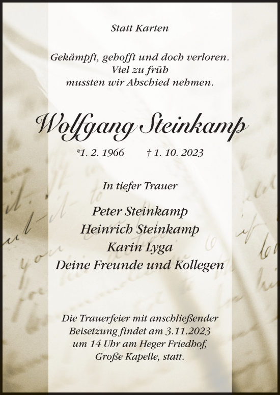Traueranzeige von Wolfgang Steinkamp von Neue Osnabrücker Zeitung GmbH & Co. KG