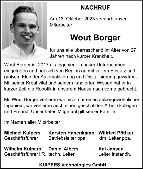 Traueranzeige von Wout Borger von Neue Osnabrücker Zeitung GmbH & Co. KG