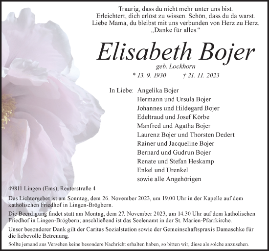 Traueranzeige von Elisabeth Bojer von Neue Osnabrücker Zeitung GmbH & Co. KG