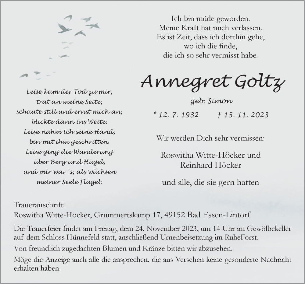  Traueranzeige für Annegret Goltz vom 18.11.2023 aus Neue Osnabrücker Zeitung GmbH & Co. KG