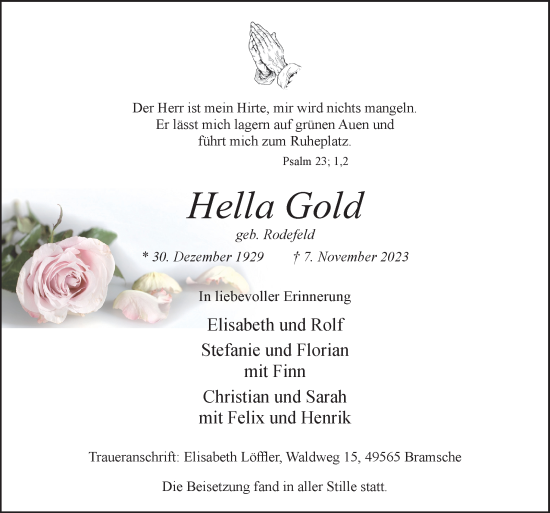 Traueranzeige von Hella Gold von Neue Osnabrücker Zeitung GmbH & Co. KG