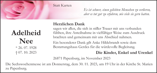 Traueranzeige von Adelheid Nee von Neue Osnabrücker Zeitung GmbH & Co. KG