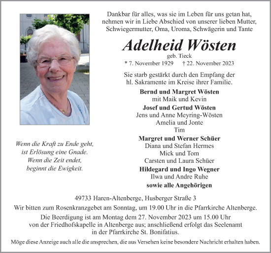 Traueranzeige von Adelheid Wösten von Neue Osnabrücker Zeitung GmbH & Co. KG