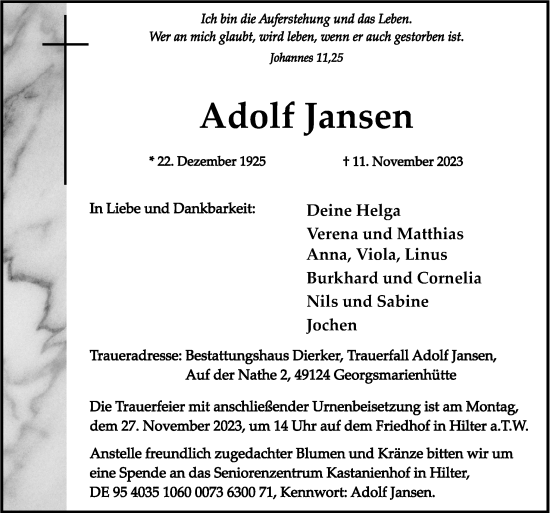 Traueranzeige von Adolf Jansen von Neue Osnabrücker Zeitung GmbH & Co. KG