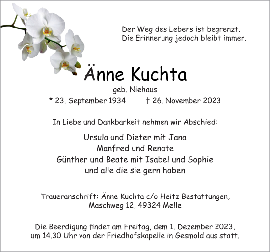 Traueranzeige von Änne Kuchta von Neue Osnabrücker Zeitung GmbH & Co. KG