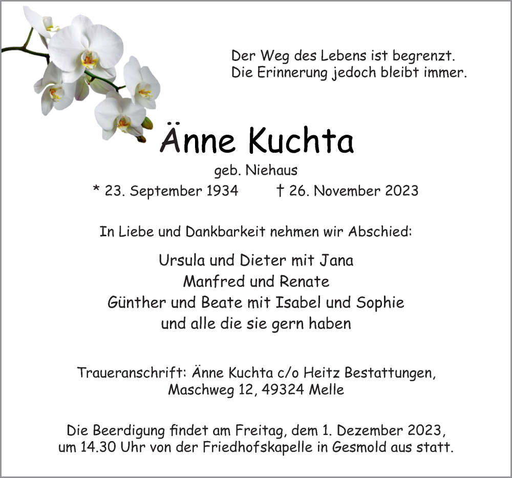  Traueranzeige für Änne Kuchta vom 29.11.2023 aus Neue Osnabrücker Zeitung GmbH & Co. KG