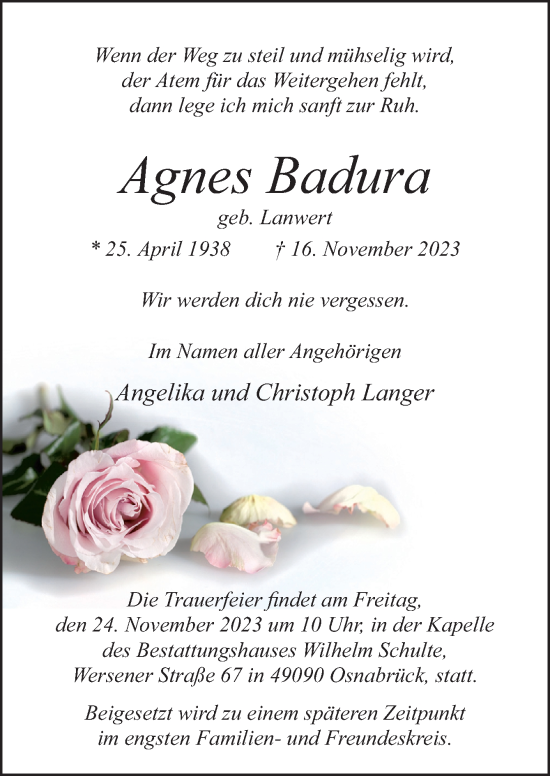Traueranzeige von Agnes Badura von Neue Osnabrücker Zeitung GmbH & Co. KG