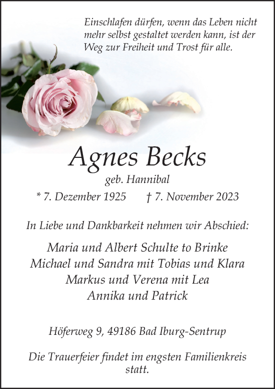 Traueranzeige von Agnes Becks von Neue Osnabrücker Zeitung GmbH & Co. KG