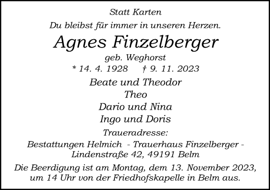 Traueranzeige von Agnes Finzelberger von Neue Osnabrücker Zeitung GmbH & Co. KG