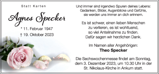 Traueranzeige von Agnes Specker von Neue Osnabrücker Zeitung GmbH & Co. KG