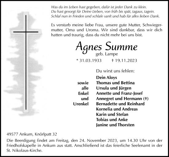 Traueranzeige von Agnes Summe von Neue Osnabrücker Zeitung GmbH & Co. KG