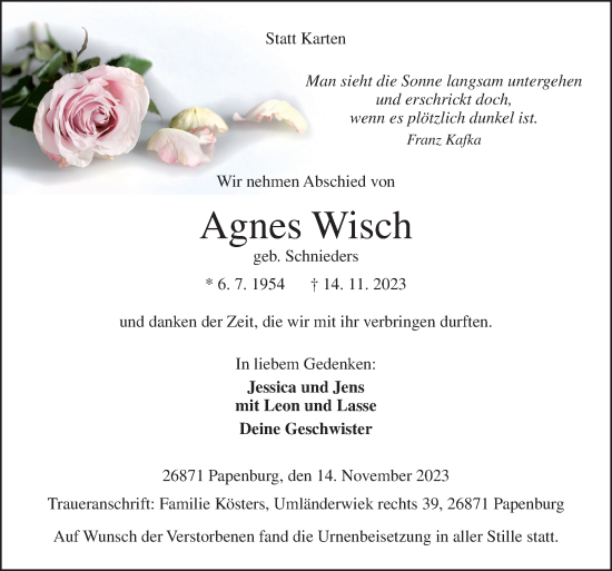 Traueranzeige von Agnes Wisch von Neue Osnabrücker Zeitung GmbH & Co. KG