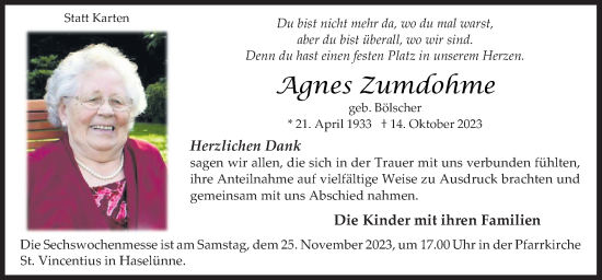 Traueranzeige von Agnes Zumdohme von Neue Osnabrücker Zeitung GmbH & Co. KG