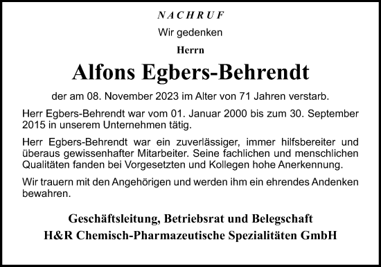 Traueranzeige von Alfons Egbers-Behrendt von Neue Osnabrücker Zeitung GmbH & Co. KG