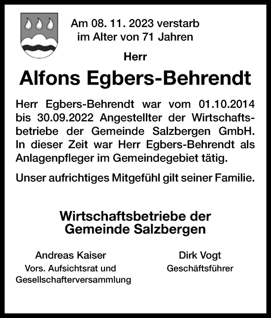 Traueranzeige von Alfons Egbers-Behrendt von Neue Osnabrücker Zeitung GmbH & Co. KG