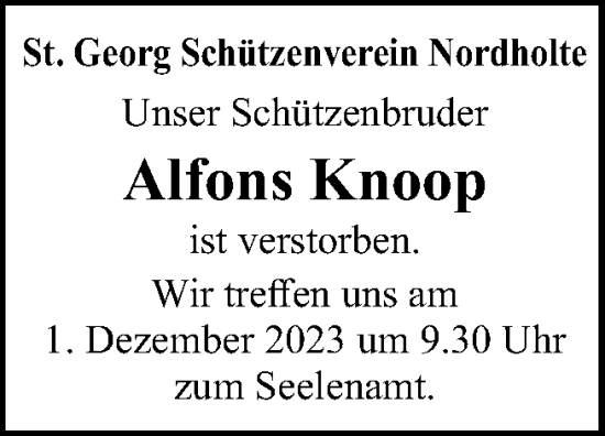 Traueranzeige von Alfons Knoop von Neue Osnabrücker Zeitung GmbH & Co. KG