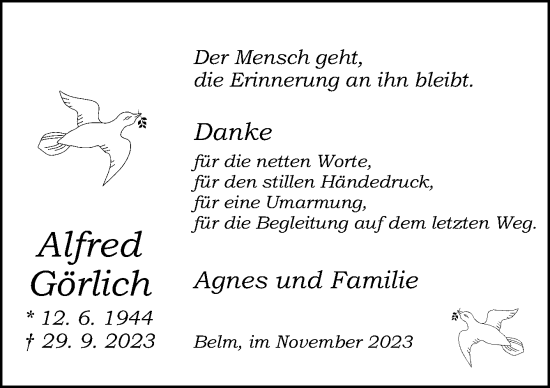 Traueranzeige von Alfred Görlich von Neue Osnabrücker Zeitung GmbH & Co. KG