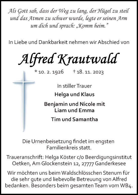 Traueranzeige von Alfred Krautwald von DK Medien GmbH & Co. KG