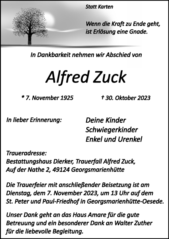 Traueranzeige von Alfred Zuck von Neue Osnabrücker Zeitung GmbH & Co. KG