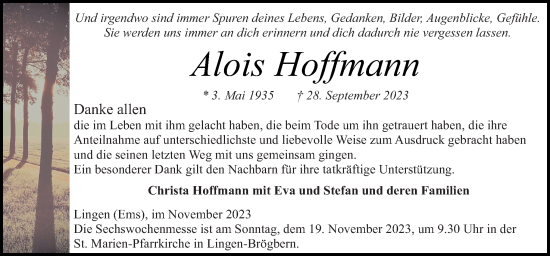 Traueranzeige von Alois Hoffmann von Neue Osnabrücker Zeitung GmbH & Co. KG