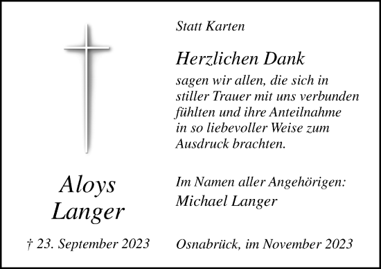 Traueranzeige von Aloys Langer von Neue Osnabrücker Zeitung GmbH & Co. KG