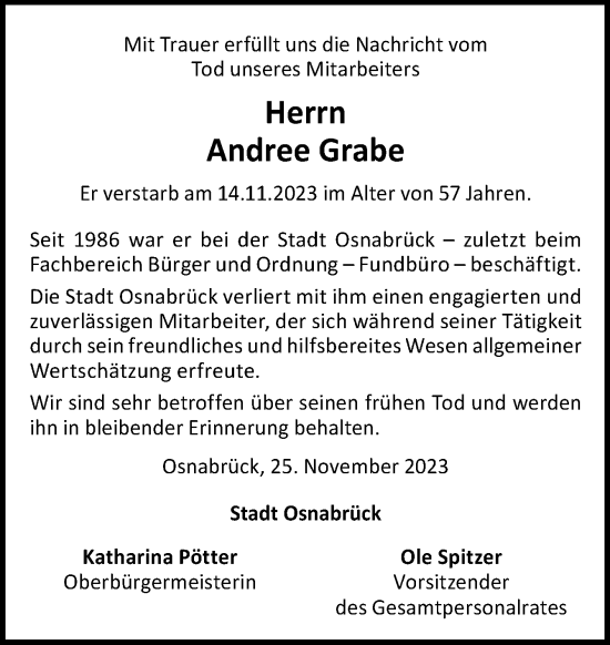 Traueranzeige von Andree Grabe von Neue Osnabrücker Zeitung GmbH & Co. KG