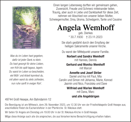 Traueranzeige von Angela Wemhoff von Neue Osnabrücker Zeitung GmbH & Co. KG