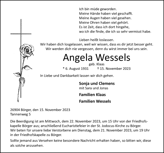 Traueranzeige von Angela Wessels von Neue Osnabrücker Zeitung GmbH & Co. KG