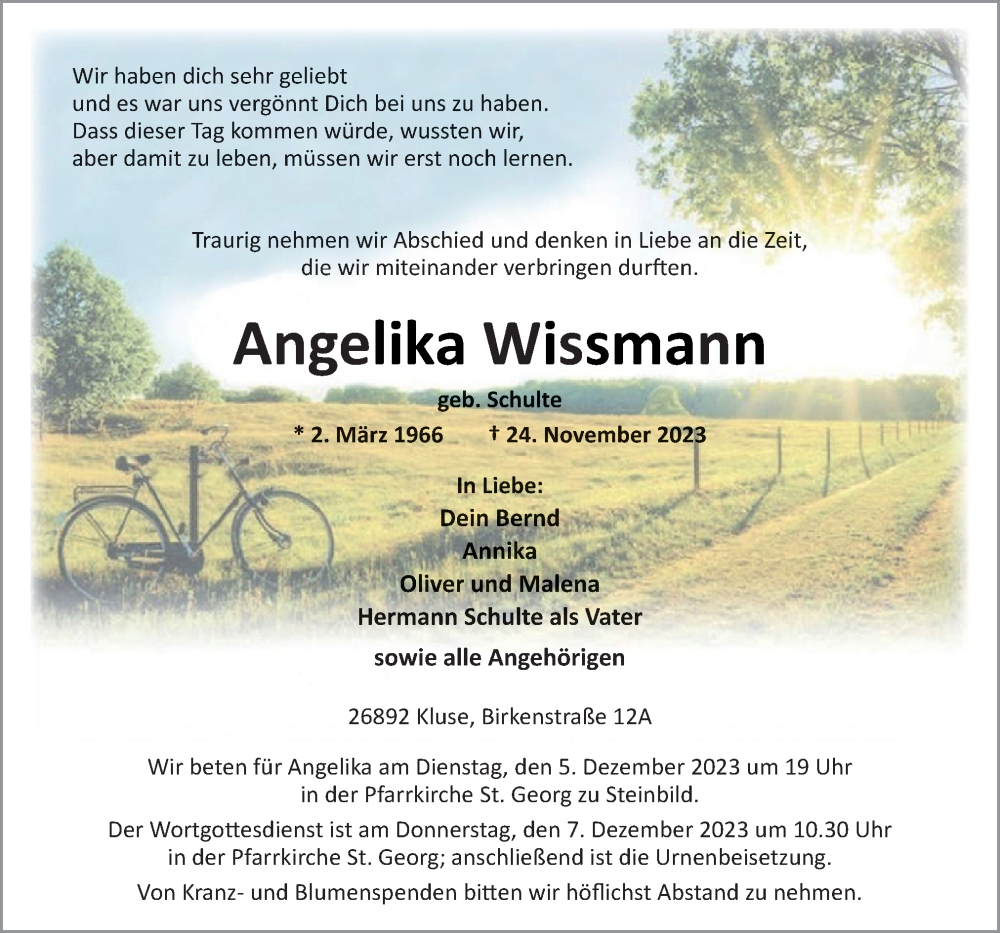  Traueranzeige für Angelika Wissmann vom 28.11.2023 aus Neue Osnabrücker Zeitung GmbH & Co. KG