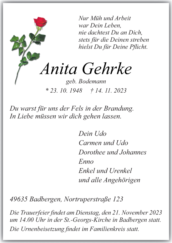 Traueranzeige von Anita Gehrke von Neue Osnabrücker Zeitung GmbH & Co. KG